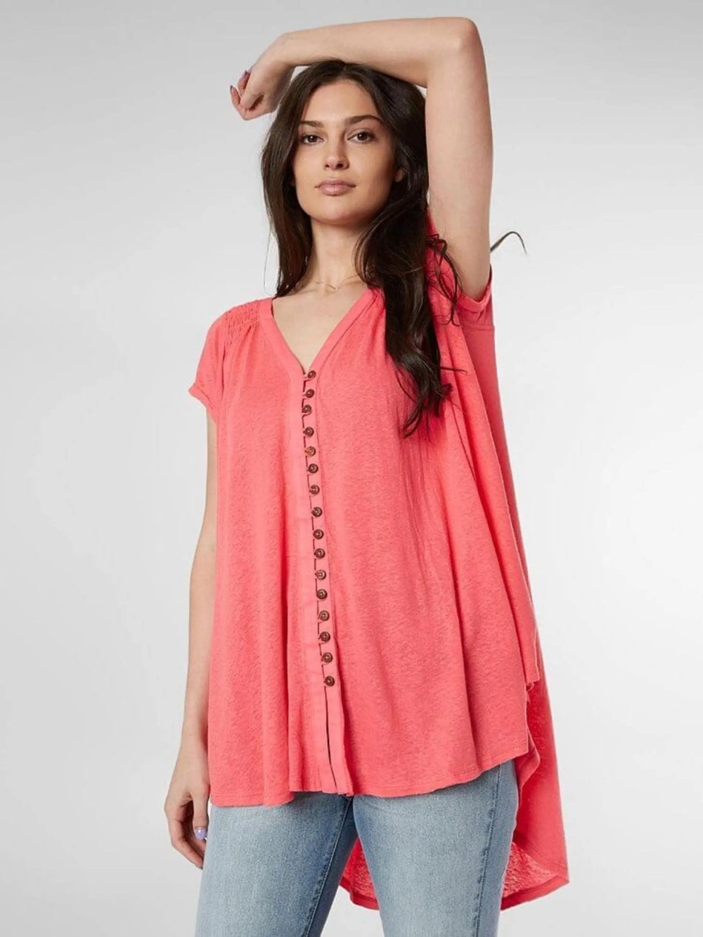 Free People Coral Button-Front V-Neck Flowy Tunic